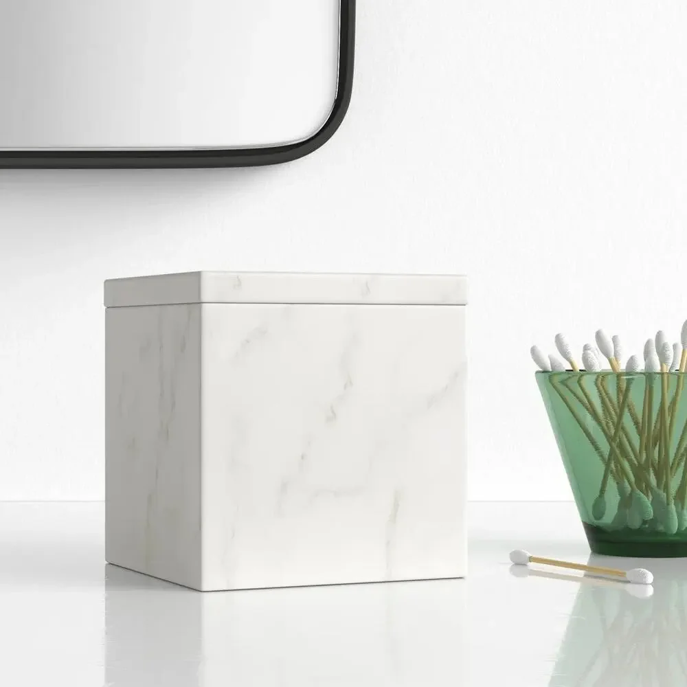 NWT ~ Marmol White & Gray Genuine Marble Bathroom Counter Storage Box with Lid